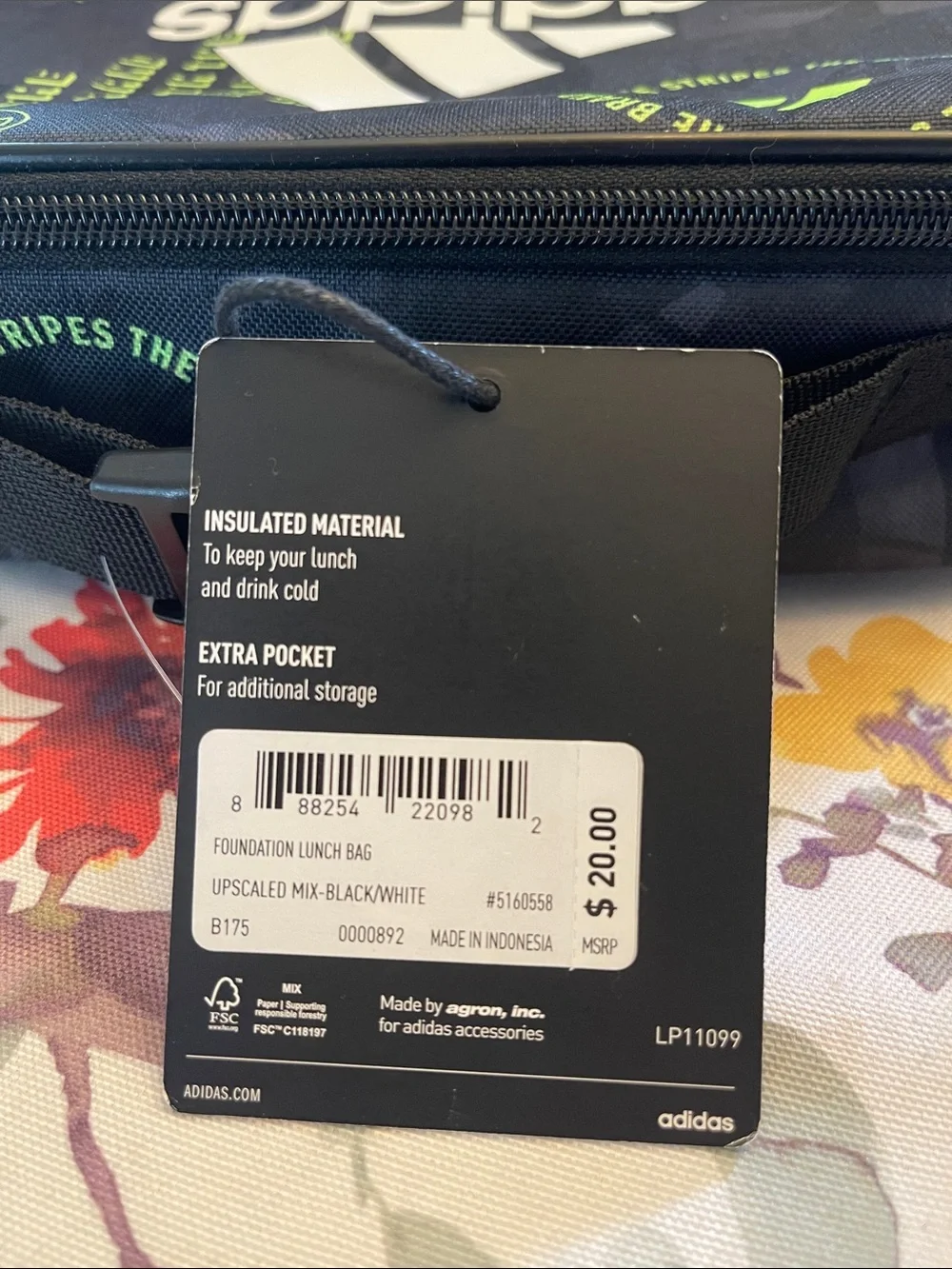 adidas Black Lunch Bag with White & Lime Lettering